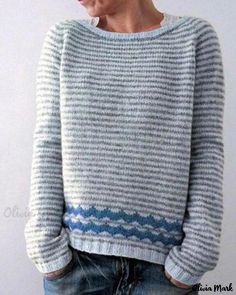 Olivia Mark - Stylish and Loose Fit Crewneck Sweater with Color Blocking Design Retro Sweater, Vogue Knitting, Winter Pullover, Casual Sweater, Estilo Chic, Sweater Collection, Casual Stripes, Retro Stil, Winter Sweaters