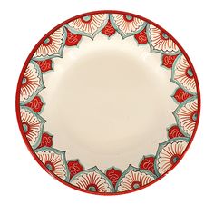 a white plate with red and blue designs on the rim, against a white background