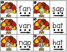 a thanksgiving themed flash card with words and pictures to match the turkey's colors