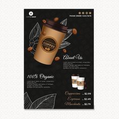 a coffee shop flyer with two cups of coffee on the front and one cup in the back