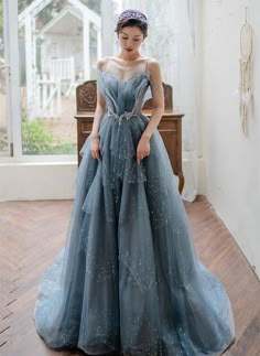 Layered Tulle Prom Dress, Formal Dress Blue, Tulle Straps, Prom Dress Blue, Blue Evening Gowns, A Line Prom Dress, Formal Evening Gown, Blue Floor, Color Rush