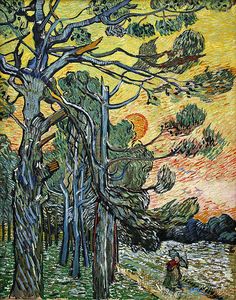 an image of a painting with trees in the foreground and yellow sky behind it