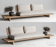 two photographs of a couch with pillows and a plant on it, both side by side