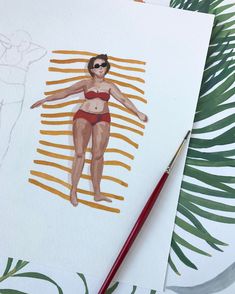 a drawing of a woman in red swimsuit on top of a white sheet with palm leaves