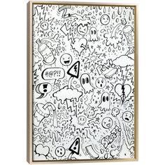 a white and black drawing on the wall with lots of doodled characters in it