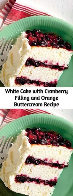 two plates with slices of cake on them and the same one has white cake with cranberry filling and orange butter