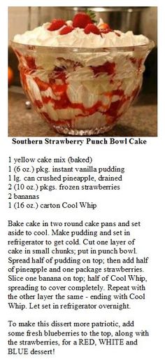 the recipe for southern strawberry punch bowl cake is shown in an image above it's description