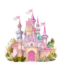 a watercolor drawing of a pink castle