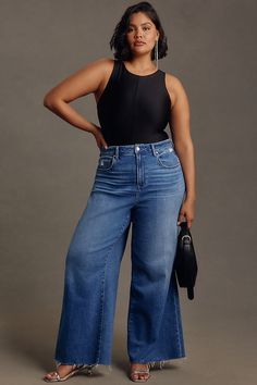 93% cotton, 5% polyester, 2% elastane Five-pocket styling Front zip Machine wash Imported | Anessa High-Rise Wide-Leg Jeans by PAIGE in Blue, Women's, Size: 25, Polyester/Cotton/Elastane at Anthropologie Wide Leg Outfit Jeans, Wide Leg Jeans Plus Size, Curvy Fashion Summer, Wide Leg Outfit, Wide Leg Pants Plus Size, Curvy Casual Outfits, Wide Leg Jeans Outfit, Wide Legged Jeans, Elegant Style Women