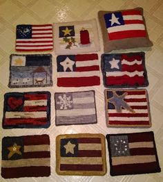 american flag coasters are arranged on the floor