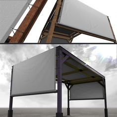 two different views of an outdoor structure with a white sheet covering the top and bottom