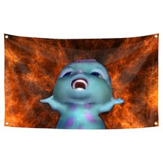 a blue ghost with its mouth open in front of an orange and red fire background