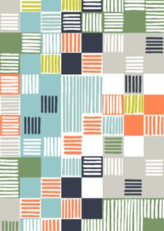 an abstract pattern with squares and lines in shades of green, orange, blue, gray