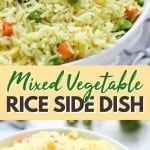 a bowl filled with rice and vegetables next to the words mixed vegetable rice side dish