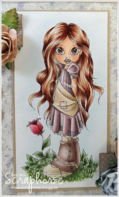 a drawing of a girl with long red hair holding a flower in her hand and looking at the camera