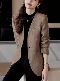 Elegant Khaki Blazer for Women - Chic Spring/Fall Casual Suit Jacket with Button Detail, Long Sleeves & Open Front Design Khaki Suit, Casual Suit Jacket, Fall Suit, Khaki Blazer, Casual Suit, Hooded Coat, Casual Fall, Blazers For Women