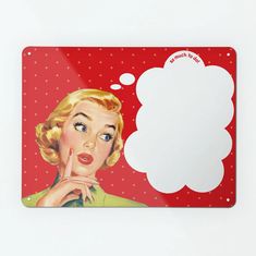 a magnet with a woman's face and thought bubble above it on a red background