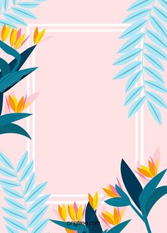 a pink background with tropical plants and leaves in the center, along with a white rectangle frame