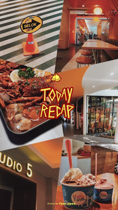 an advertisement for today's restaurant is shown in this collage with images of food and beverages