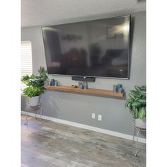 a flat screen tv mounted to the side of a wall next to potted plants