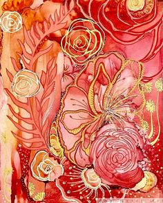 an abstract painting with flowers and leaves on red paper, including oranges and pinks