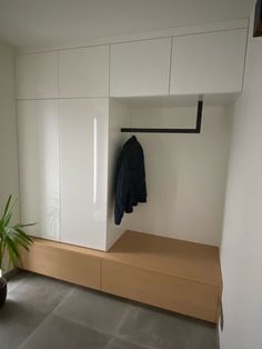 a white closet with a coat hanging on it's door and a potted plant next to it