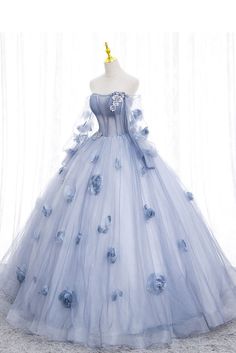 Blue Long Sleeves Tulle Prom Dress with Flowers, Puffy Off the Shoulder Quinceanera Dress Dresses Fancy Gowns, Off The Shoulder Quinceanera Dress, Prom Dress With Flowers, Extra Dresses, Pretty Quinceanera Dresses, Dress With Flowers, Long Sleeve Prom