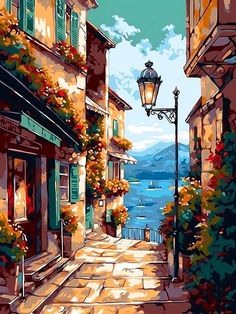 a painting of an old european street with flowers on the windows and a lamp post