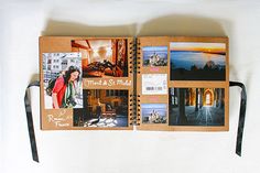 an open notebook with photos and magnets on the cover, hanging from a wall