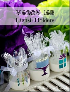 mason jar utensil holders with ribbons on them