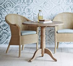 two wicker chairs sitting at a small table in front of a wallpapered wall