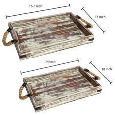 two wooden trays with rope handles are shown