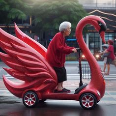 an older person riding a scooter with a flamingo sculpture on the back