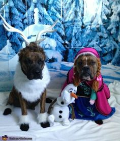 two dogs dressed up in costumes sitting on a bed with snowmen and trees behind them