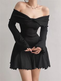 Material: Cotton, Polyester

Neckline: Slash neck

Sleeve Style: Regular

Style: Casual

Fabric Type: Polyester

Age: Middle Age

Season: Autumn/Winter Cute Dresses For Date, Rib Fabric Styles, Short Winter Dresses, Winter Dresses Casual, Dress Outfits Ideas, Dresses For Winter, Black V Neck Dress, Hot Outfit Ideas, Black Dress Casual