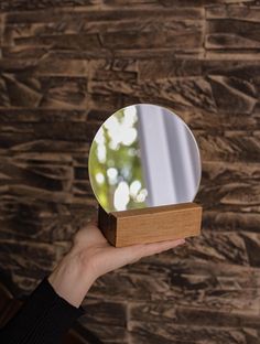 a person holding up a small mirror in front of a brick wall and wooden block