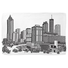 a black and white drawing of a cityscape with skyscrapers in the background