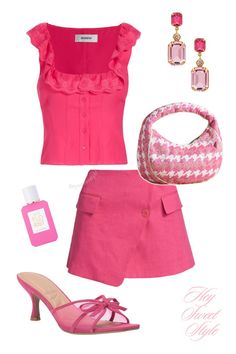 pink lace trim top, pink linen skirt, + pink mesh heels 12 spring outfit ideas ౨ৎ Hot Pink Outfit, Mesh Heels, Summer Outfits For Teens