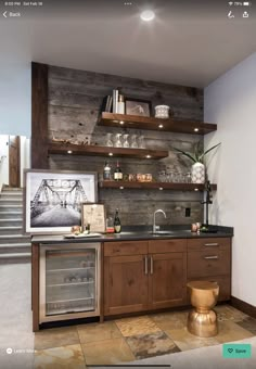 a kitchen with wooden shelves and an oven