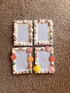 two frames with shells and seashells are on the floor next to each other