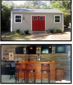 two pictures side by side one has a bar and the other is a small house