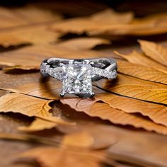 an engagement ring sitting on top of leaves