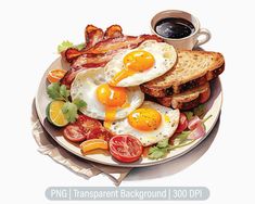 a plate with eggs, toast and tomatoes on it next to a cup of coffee