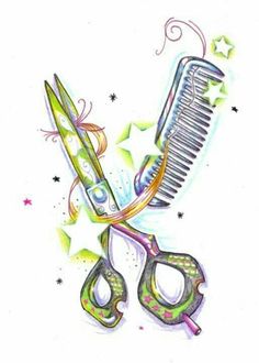 a drawing of scissors and comb with stars