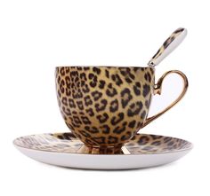 leopard print coffee cup and saucer with spoon