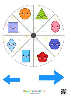 a wheel with different shapes on it and two arrows pointing to the same direction in front of