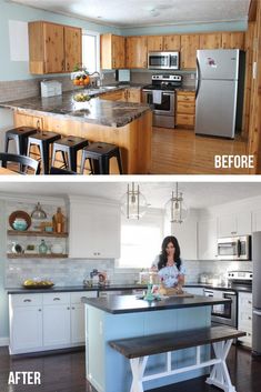 before and after photos of a kitchen remodel with white cabinets, stainless steel appliances, and wood flooring