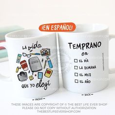 two coffee mugs with different types of items on them, one is white and the other is black