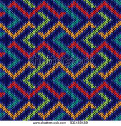 an abstract knitted pattern in blue, red and green colors with diagonals on the sides