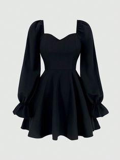 Black Casual,Elegant Collar Long Sleeve Fabric Plain A Line Embellished Non-Stretch  Women Clothing Concert Dresses Classical, Cute A Line Dresses, Black Teen Dress, Black Bow Outfit, Full Sleeve Black Dress, Nice Dresses For Teens, Cute Black Dresses Classy, Simple Dresses For Teens, Sweetheart Neckline Black Dress